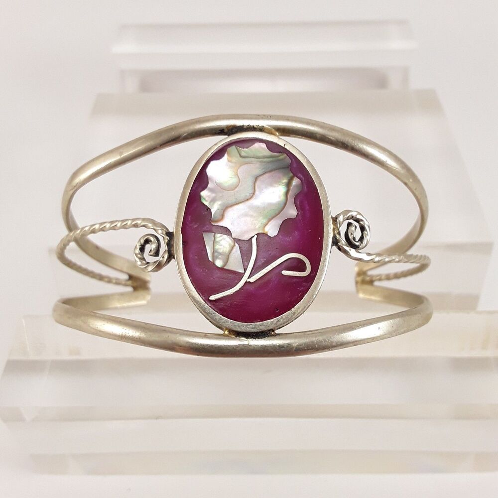 Alpaca Silver Cuff Bracelet, Small 5.25", Abalone/MOP, Purple Rose Floral Mexico